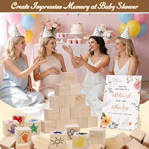 77 PCS Shower Games Sign Kit, 1 Wooden Game Sign, 52 Blank Wooden Blocks for DIY Drawing, 24 Markers, Shower Game for Gender Reveal Activity, Shower Ideas Decorations - Image 2