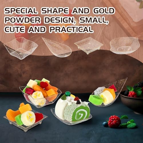 Tessco for you 400 Pcs Mini Appetizer Plates Set Including 200 Disposable Dessert Plates Assorted Shape 100 Mini Plastic Forks 100 Plastic Spoons for Party (Glitter Style, Gold Glitter) - Image 5