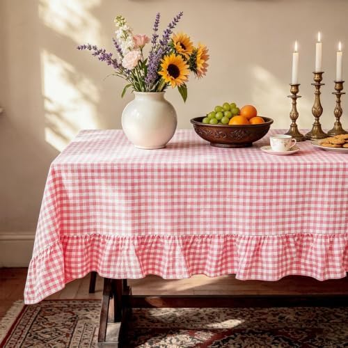 Eternal Beauty Gingham Ruffled Tablecloth Pink White 60x84 Farmhouse - Image 3