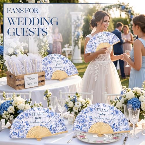Wenqik 100Set Blue Floral Handheld Folding Fans,Wedding Paper Fan for Guest - Image 4