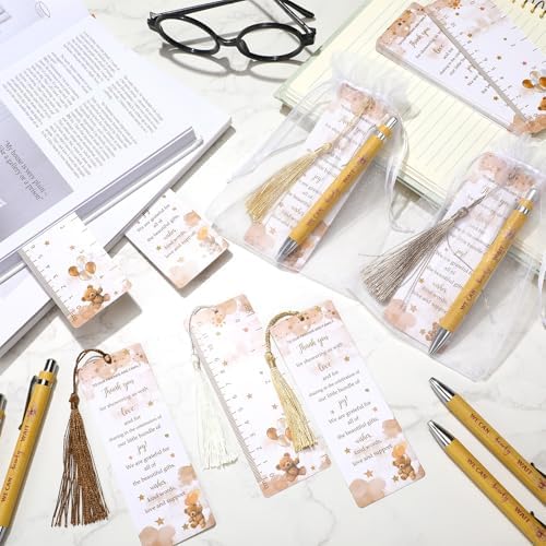 Gilprop 50 Sets Brown Bear Baby Shower Favors for Guests We Can Barely Wait Includes 50 Baby Shower Ballpoint Pens 50 Thank You Bookmarks 50 Organza Bags for Gender Reveal Gifts Guest Prizes - Image 5