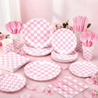 Pickmesh 400 Pcs Pink and White Checkered Party Decorations Plates Serve 50 - Image 4