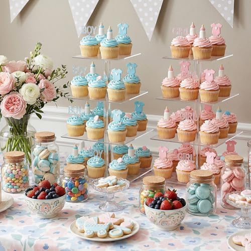 2 Pack 4 Tier Acrylic Cupcake Stand, Square Cupcake Tower for 52 Cupcakes, Clear Dessert Display Stand Set for Birthday Wedding Baby Shower Party Decor - Image 4