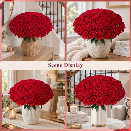 100 PCS Red Roses Artificial Flowers, Fake Roses with Stems Realistic Silk Roses for DIY Wedding Bouquets Tables Centerpieces Arrangements Baby Shower Birthday Home Decor Valentine's Day Gift for Her - Image 3