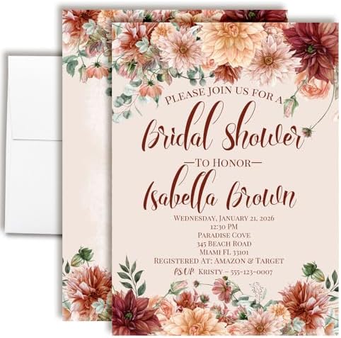 Amanda Creation Fall Bridal Shower Invitations Personalized for Her, 30 5x7 Bridal Shower Invitations with Envelopes, Boho Burgundy Floral by AmandaCreation