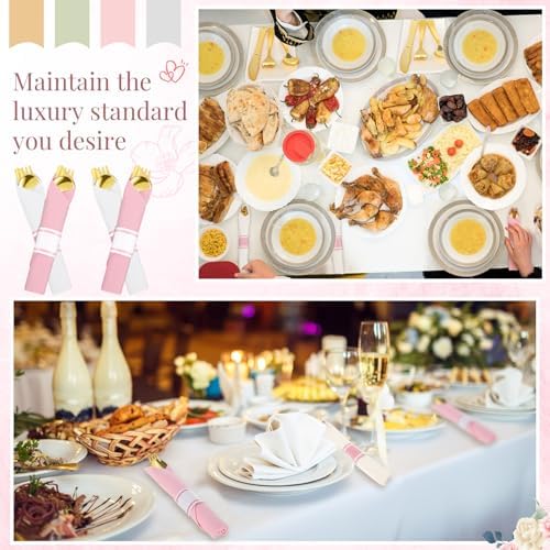Lasnten 50 Pcs Pre-rolled Pink White Gold Plastic Silverware Set - Image 5
