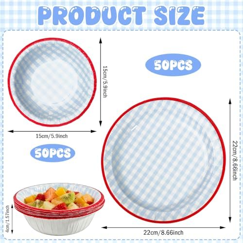 100 Pcs Gingham Paper Plates and Bowls Set - 50 Pcs 8.5 Inch Disposable Blue Gingham Plates and 50 Pcs Small Paper Bowls 8 oz Soak Proof, Cut Proof, Microwave Safe Party Supplies - Image 2