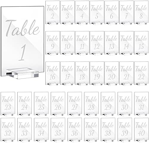 Tuanse 40 Pack White 4 x 6 Inch Acrylic Wedding Table Number 1-40 Clear Wedding Table Stand with Numbers Calligraphy Holders Signs for Reception Centerpieces Decorations by Tuanse
