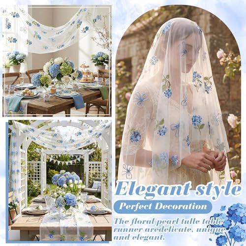 Mindsoft 3 Pcs Blue Hydrangea Floral Table Runner 10ft Gauze Embroidery Hydrangea Tulle Lace Summer Table Runner for Wedding Bridal Baby Shower Holiday Dining Decor DIY - Image 3