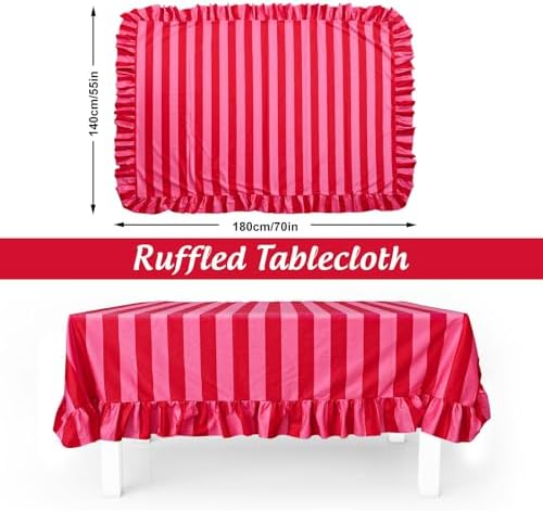 JarThenaAMCS Ruffle Tablecloth Table Cloth Boho Pink Red Striped Rectangle Decorative Table Cover for Home Kitchen Baby Shower Party Wedding Decor, 55 x 70 Inch(Include Ruffle Edge) - Image 2