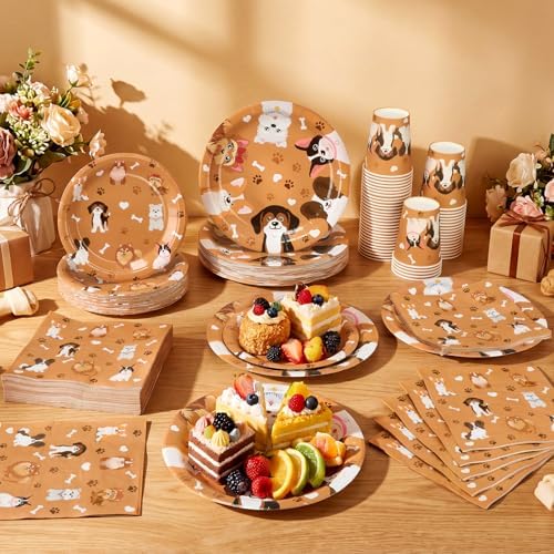 Ziliny 250 Pcs Dog Party Decorations Pet Paw Print Paper Plates Napkins and Cups Brown Puppy Theme Tableware for Doggy Birthday Baby Shower Party Serve 50 Guests - Image 4
