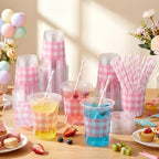 Sliner 50 Sets 16oz Pink White Gingham Party Plastic Cups - Image 6