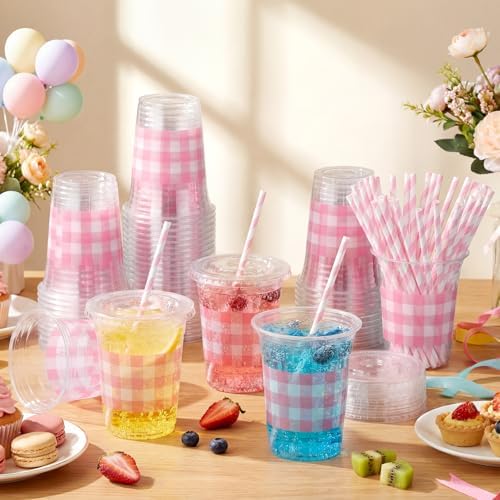 Sliner 50 Sets 16oz Pink White Gingham Party Plastic Cups - Image 6