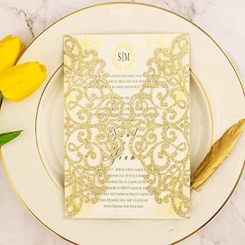 50Sets 5x7 inch 250gsm Light Gold Glitter Wedding Invitations Cards with Envelopes Laser Cut Greeting invites 4 Birthday Bridal Show - Image 5