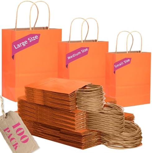 qiqee 100PCS Gift Bag with Handles Bulk Kraft Orange Paper Bags Assorted Sizes (33-Large, 33-Medium, 34-Small) by Qiqee