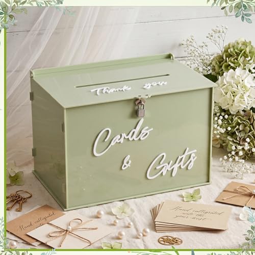 BreezeHug 14" Sage Green Acrylic Wedding Card Box with Lock & 3D Letters - Image 6