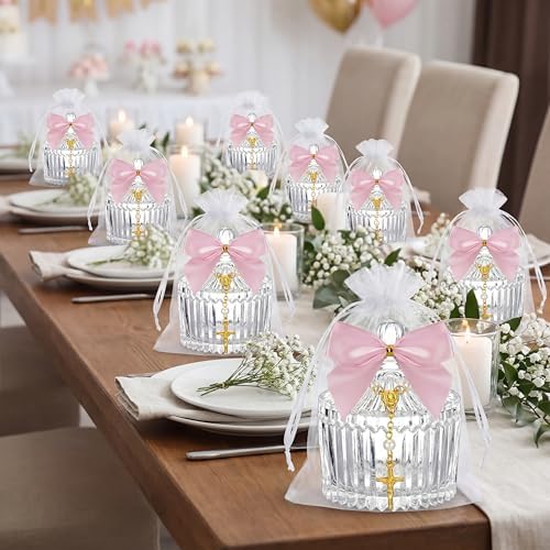 Chuangdi 12 Sets 48 Pcs Baptism Favors for Guests Crystal Candy Bowl Gifts with 12 Pcs Cross Rosary for Baptism Decorations Wedding Baby Shower Party Supplies First Communion (Pink) - Image 5