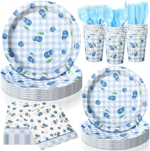 Honeydak 210 Pcs Blueberry Party Supplies for 30 Guests, Includes Plates, Cups, Napkins, Cutlery - Blueberry Checked Birthday Tableware Decorations for 1st Birthday, Summer Fruit Party by Honeydak