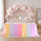Rainbow Tulle Birthday Party Tablecloth for 6 Foot Rectangular Tables 6ft Rectangle Rainbow Table Cloths for Parties Wrinkle Free Table Cover with Tutu Skirt for Baby Shower Girls Banquet Buffet Cake by Suppromo
