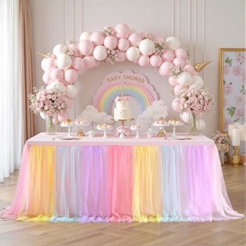Rainbow Tulle Birthday Party Tablecloth for 6 Foot Rectangular Tables 6ft Rectangle Rainbow Table Cloths for Parties Wrinkle Free Table Cover with Tutu Skirt for Baby Shower Girls Banquet Buffet Cake by Suppromo