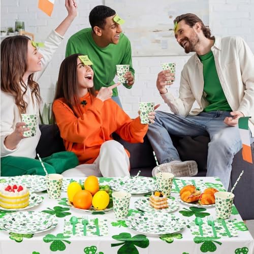 Potchen 452 Pcs Themes Party Supplies Decorations for 50 Guests, Paper Plates Napkins Cups Tablecloth Cutlery Straws for Birthday Baby Shower Party Decorations(White Green,St. Patrick’s Day) - Image 5