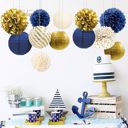 NICROLANDEE Navy Blue and Gold Decorations, 27 PCS Hanging Paper Lanterns Tissue Pom Poms Garlands Decor for Graduation Party, Mens Birthday, Memorial Day Decorations, New Years Party Supplies - Image 7