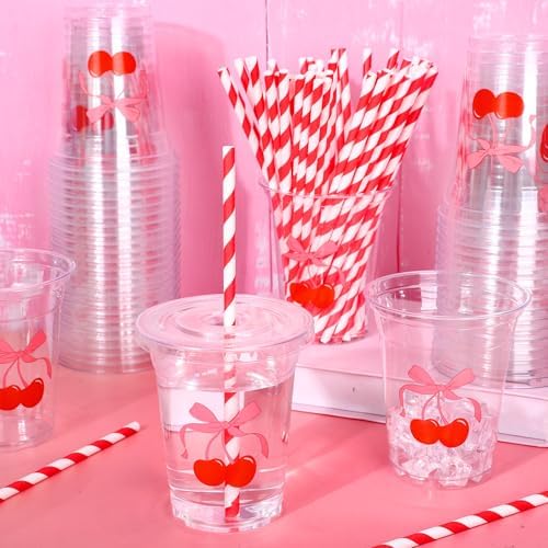 Whaline 50Pcs Cherry Bow Disposable Plastic Cups with Lids and Straws 12Oz Red Pink Cherry Bowknot Cold Beverage Drinking Cups for Wedding Birthday Baby Shower Party Supplies - Image 4
