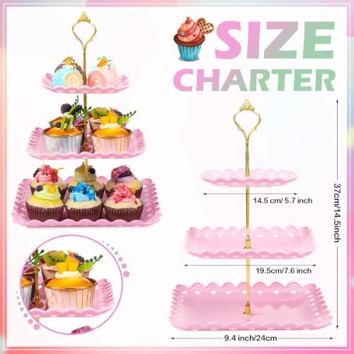 8 Pcs 3 Tier Serving Tray Cupcake Stand, Square, White, Pink, Green - Image 2