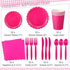 Ziliny 350 Pcs Hot Pink Plates and Napkins, 50 Guest Breast Cancer Awareness Party Supplies Include Scalloped Paper Plates Napkins Cups Plastic Spoons Forks Knives Disposable Tableware Set for Women - Image 2