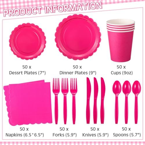 Ziliny 350 Pcs Hot Pink Plates and Napkins, 50 Guest Breast Cancer Awareness Party Supplies Include Scalloped Paper Plates Napkins Cups Plastic Spoons Forks Knives Disposable Tableware Set for Women - Image 2