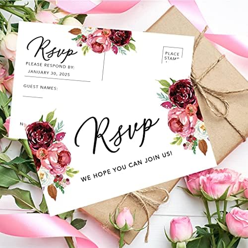 Andaz Press 56-Pack Personalized RSVP Postcards for Wedding Burgundy Florals Cardstock Response Reply Cards for Bridal Shower Baby Shower Birthday Event Custom Date and Return Address 4 x 6-Inch - Image 3