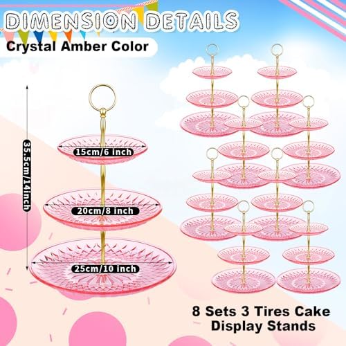 Patelai 8 Pcs 3 Tier Acrylic Cake Stand, Clear Pink, Golden - Image 3