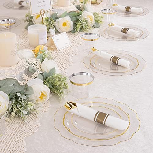NOCCUR 50Guest Gold Rim Clear Plastic Plates&Disposable Silverware Cups-Include 100Plastic Plates, 150Gold Utensils, 50Cups and 50Napkins-Idea for Wedding/Party - Image 6