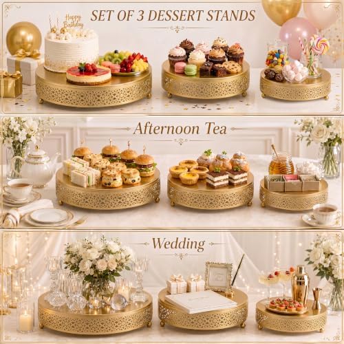 3-Piece Gold Cake Stand Set (8", 10", 12"), Elegant Metal Round Dessert Display Pedestals, Versatile Cupcake Pastry Serving Trays for Wedding, Birthday, Baby Shower Party Decor - Image 5