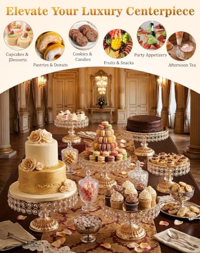 12 Pieces Gold Cake Stand Set, Vintage Cake Display Stand with Crystal Edge and Cupcake Display Tray, Dessert Table Display Set for Wedding Party Baby Shower Anniversary Celebration - Image 4