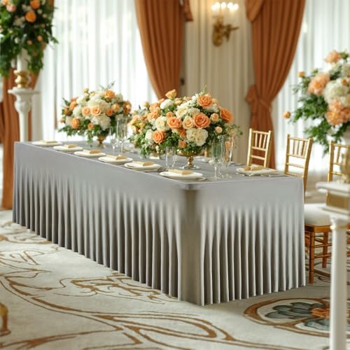 Besutolife Rectangle Table Skirt Black Stretch Tablecloth One-Piece Wrinkle-Resistant Ruffles Design Perfect for Banquets Parties Wedding Dining Table (Grey, 6ft) by Besutolife