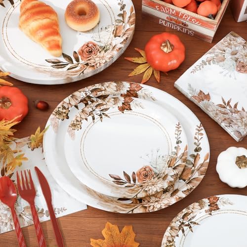 150 Pcs Boho Floral Fall Party Supplies Disposable Tableware Set Serves 25 Rustic Flower Oval Paper Plates Napkins Fork Spoon for Fall Autumn Birthday Baby Shower Wedding - Image 3