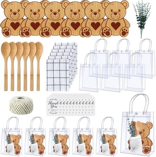 Teenyyou 43 Pcs Baby Shower Game Prizes for Winner Bamboo Cheese Board Spoon Plaid Towel Artificial Eucalyptus Stems Thank You Tag Card Gift Bag for Guest Baby Bridal Shower Wedding Favors(Bear) by Teenyyou