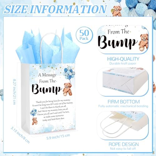Resurhang 50 Sets Gift Bag for Baby Shower Bear Balloon Goodie Bags with Handles and Tissue Paper Baby Shower Party Favor Handbag for Guests Gender Reveal Return Gift(Blue) - Image 2