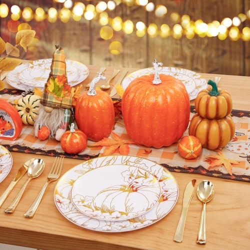 FLOWERCAT 60PCS Thanksgiving Plates & Gold Pumpkin Plates - Including 30PCS 10.25inch Thanksgiving Dinner Plates and 30PCS 7.5inch Dessert Plates for Giving Thanks Theme Party - Image 5