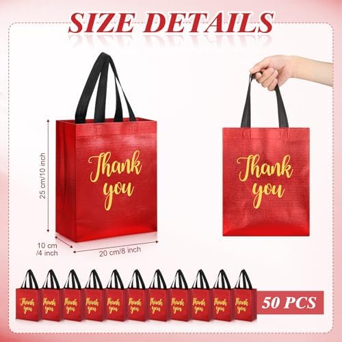 Fumete 50 Pcs Red Glossy Thank You Gift Bag with Handles - Image 2