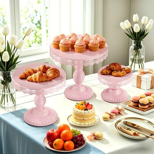 3 PCS Pink Cake Stands (8"&10"&12" Plate), Cupcake Stand with a lace Hollow Border Metal Cake Stand Set for Birthday Party, Wedding, Anniversary, Baby Shower - Image 4