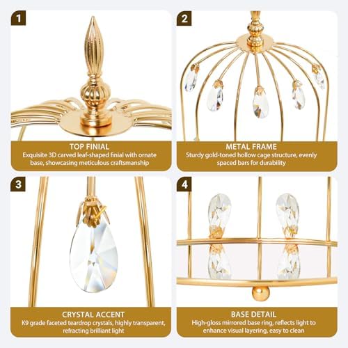 Set of 3 Metal Birdcage Cake Stand Set with Crystal Accents, Elegant Cupcake Holder Display for Wedding, Birthday, Baby Shower, Party Dessert Table Decorations (Gold, Set of 3) - Image 3
