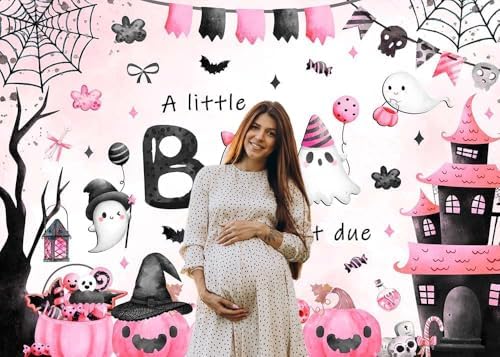 Mocsicka Halloween Baby Shower Backdrop A Little Boo is Almost Due Pink and Black Party Decorations Pumpkin Ghost Bat Background Banner Baby Shower for Kids Photo Booth Props (10x7ft (120x82 inch)) - Image 5