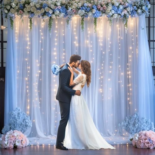 Blue Tulle Backdrop Curtains with Lights String for Parites Baby Shower 20×10ft Blue Sheer Backdrop Curtains Drapes for Bridal Shower Birthday Party Photo Shoot Background Decorations(4 Panels 5×10ft) - Image 3