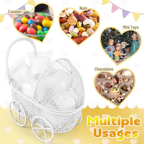 Threehoney 24 Pcs Baby Shower Mini Carriage Decoration White Goose Color Metal Wired Fillable Candy Stroller Baby Shower Table Centerpiece for Guest Gender Reveal Wedding Party Favor Gift - Image 3