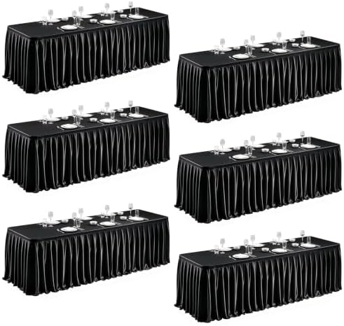 6 Packs Black Satin Tablecloths Rectangle 6FT, Glitter Fitted Stretch Table Covers Wrinkle-Free Floor Length Shimmer Table Skirt for Weddings Parties Baby Shower Banquets Vendor Events by Partisky