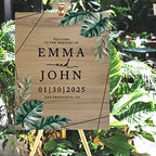 Andaz Press Large Wooden Welcome Sign for Wedding, Rustic Welcome Sign 16" x 20" Custom Names Tropical Monstera Palm Wedding Signage English Oak MDF Wood Finish Wedding Reception Indoor Outdoor Signs - Image 4