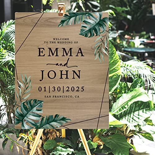 Andaz Press Large Wooden Welcome Sign for Wedding, Rustic Welcome Sign 16" x 20" Custom Names Tropical Monstera Palm Wedding Signage English Oak MDF Wood Finish Wedding Reception Indoor Outdoor Signs - Image 4