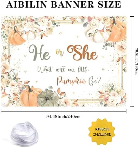 AIBIIN Fall Pumpkin Gender Reveal Backdrop He or She What Will Our Little Pumpkin Be Party Banner Pumpkin Floral Gender Reveal Party Supplies 8x6ft - Image 2